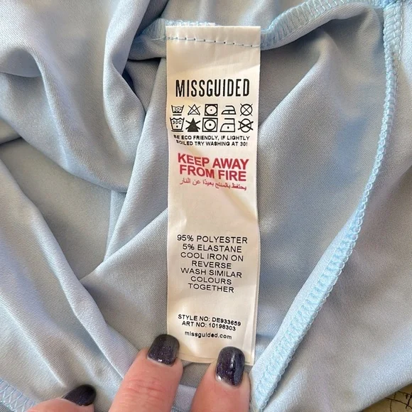 MISSGUIDED Asymmetrical Baby Blue/White Polka Dot Ruffle Hem Bandeau Mini Dress - Picture 10 of 10